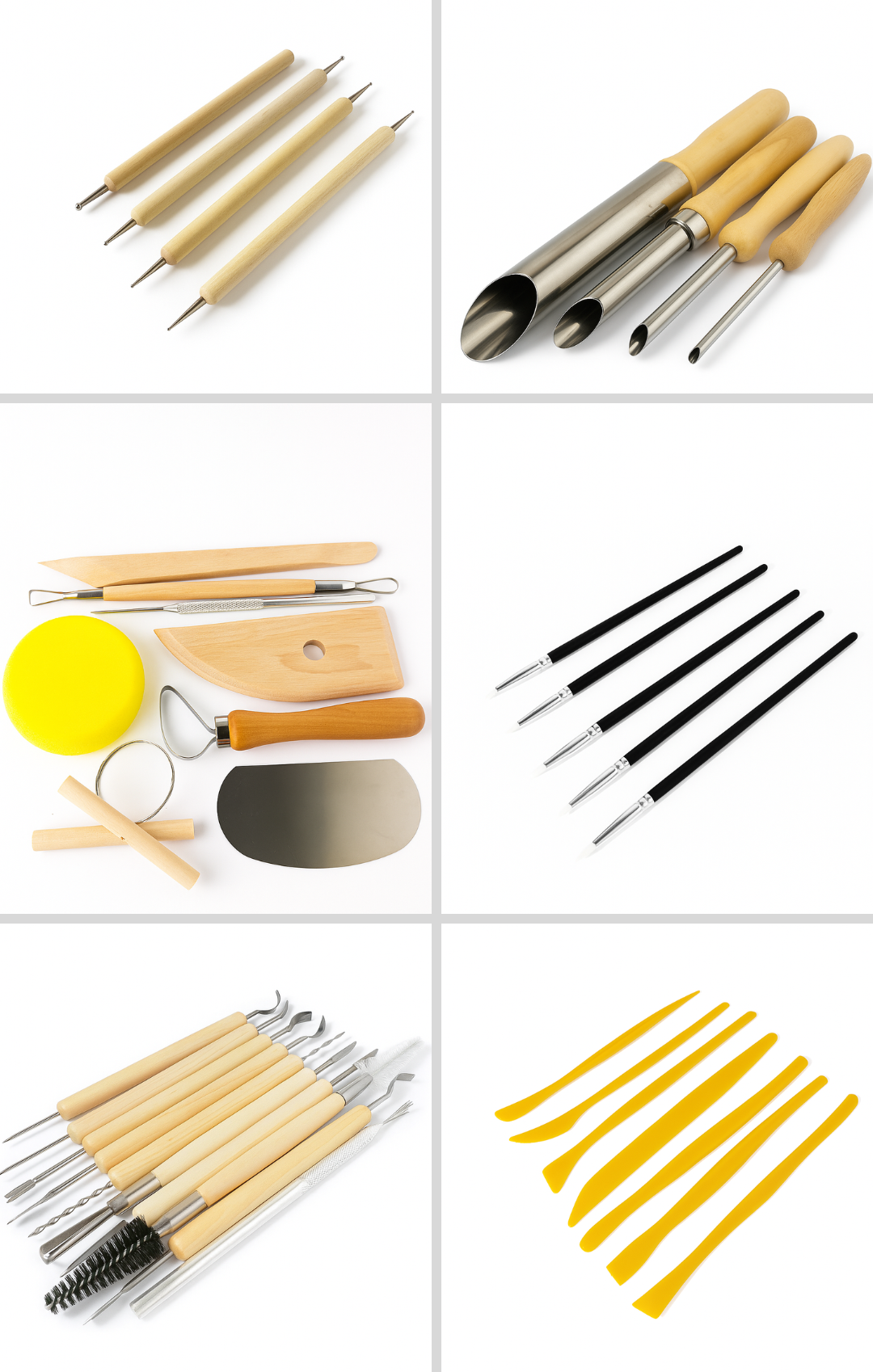 Collage of various pottery tools including brushes, sponges, and other crafting instruments.