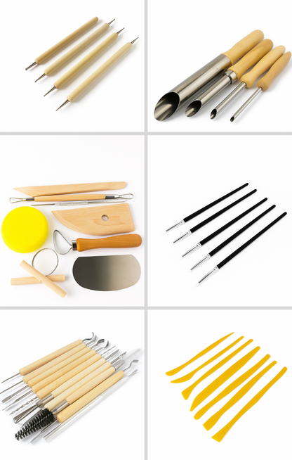 Collage of various pottery tools including brushes, sponges, and other crafting instruments.